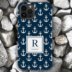 Nautical Anchor Marine Navy Blue Pattern Monogram Case-Mate iPhone 14 Case