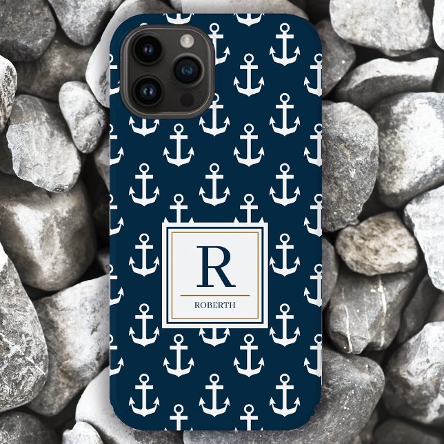 Nautical Anchor Marine Navy Blue Pattern Monogram iPhone Case (Creator Uploaded)