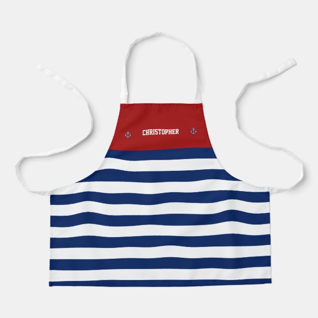 Nautical Anchor Marine Navy Blue White Stripes Apron (Front)
