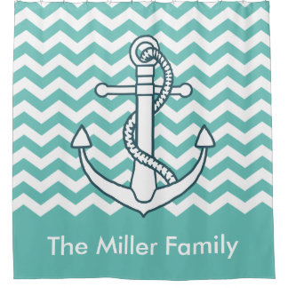 Nautical Anchor Mint Green Chevron Monogram Name Shower Curtain