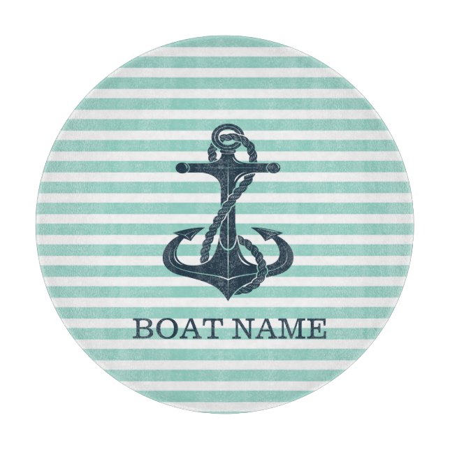 Nautical,Anchor,Mint Green Stripes Cutting Board (Front)