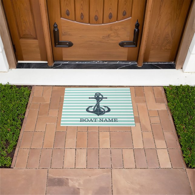 Nautical,Anchor,Mint Green Stripes Doormat (Outdoor)