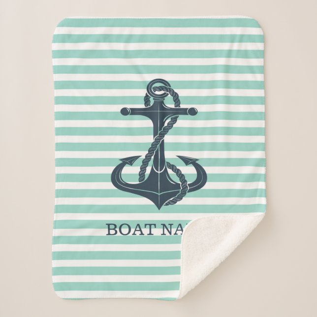 Nautical,Anchor,Mint Green Stripes Sherpa Blanket (Front)