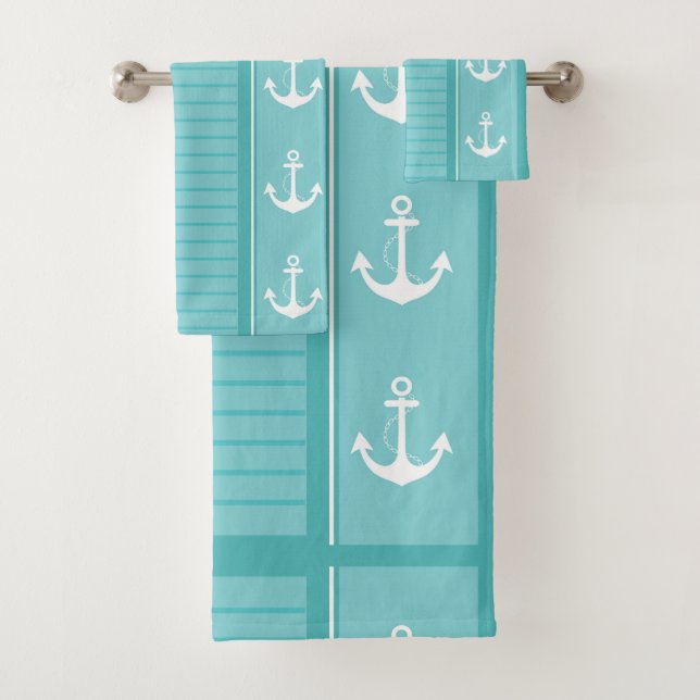 Nautical Anchor Modern Abstract Stripe Bath Towel Set (Insitu)