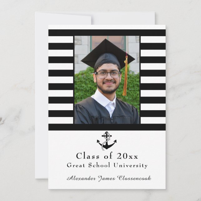 Nautical Anchor Modern Black White stripe graduate Announcement (Front)