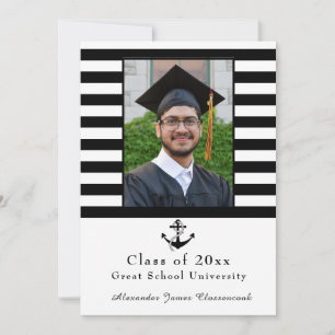 Nautical Anchor Modern Black White stripe graduate Announcement