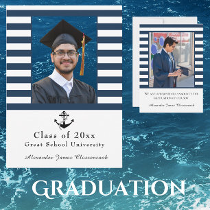 Nautical Anchor Modern Navy White stripe graduate Announcement