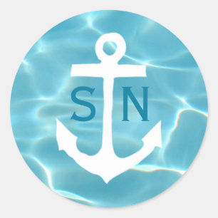 Nautical Anchor Monogram Aqua Classic Round Sticker