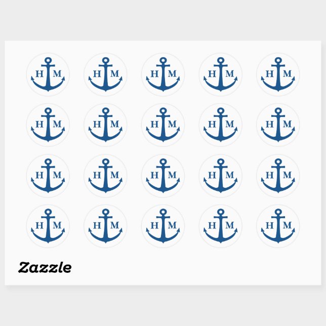 Nautical Anchor Monogram Beach Wedding Classic Round Sticker (Sheet)