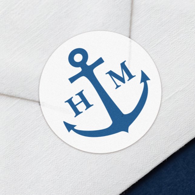 Nautical Anchor Monogram Beach Wedding Classic Round Sticker (Anchor Monogram Envelope Sticker Seal Labels in Elegant Navy Blue from Coastal Map Designs)