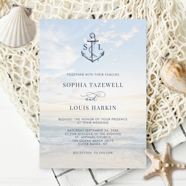 Nautical Anchor Monogram Beach Wedding Invitation (Creator Uploaded)