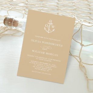 Nautical Anchor Monogram Beige Tan Wedding Invitat Invitation