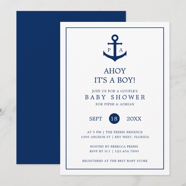 Nautical Anchor Monogram Boy Couples Baby Shower Invitation (Front/Back)