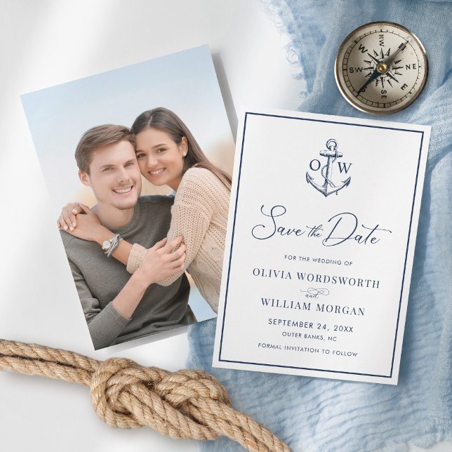 Nautical Anchor Monogram Navy Blue Wedding Save The Date (Creator Uploaded)