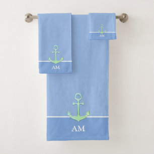 Nautical Anchor & Monogram on Light Blue Bath Towel Set