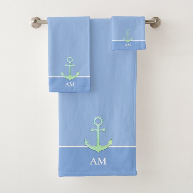 Nautical Anchor & Monogram on Light Blue Bath Towel Set (Insitu)