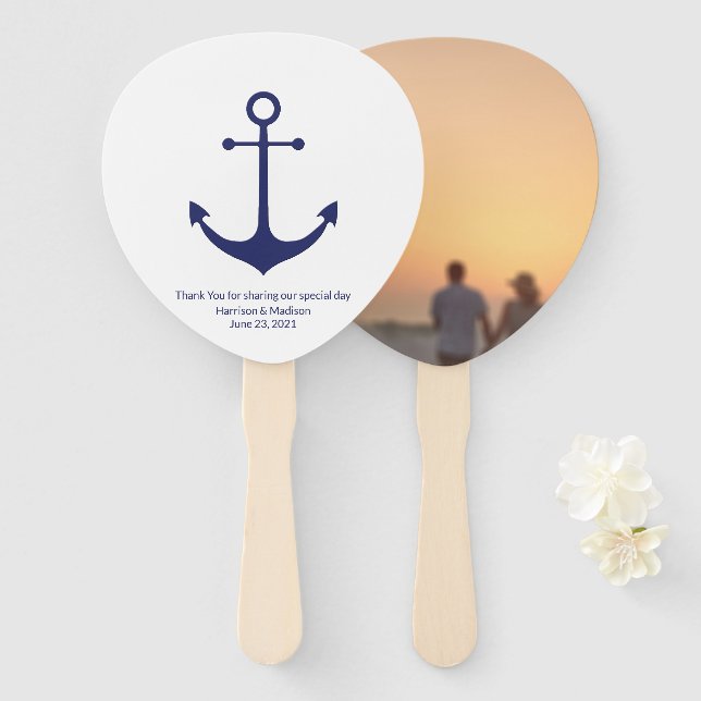 Nautical anchor monogram photo navy blue Wedding Hand Fan (Front and Back)