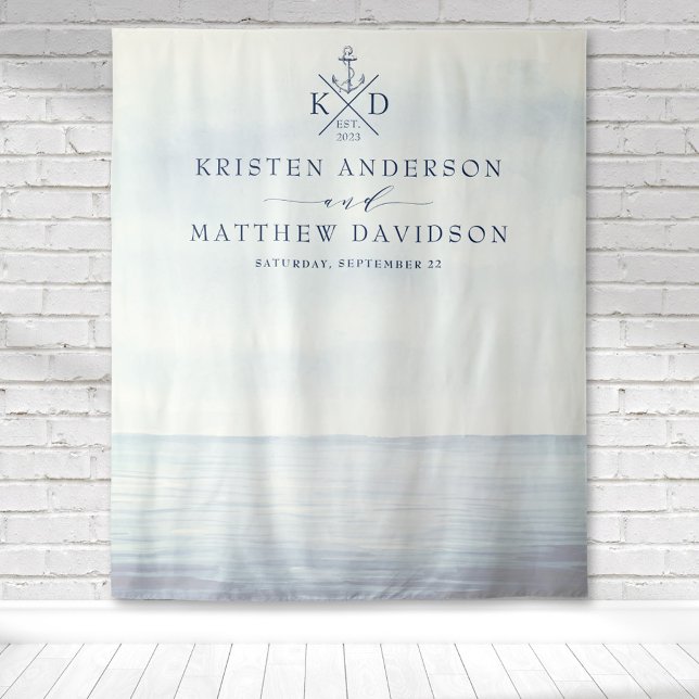 Nautical Anchor Monogram Watercolor Ocean Wedding Tapestry (Nautical watercolor ocean background with a monogram for a beach style wedding backdrop.)