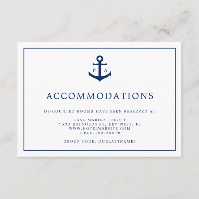 Nautical Anchor Monogram Wedding Accommodations Enclosure Card (Front)