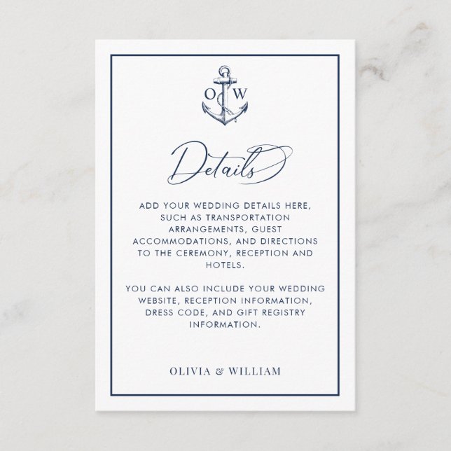 Nautical Anchor Monogram Wedding Details Enclosure Card (Front)