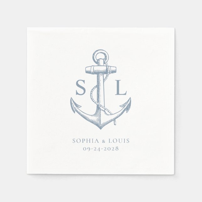 Nautical Anchor Monogram Wedding Dusty Blue Napkin (Front)