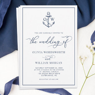 Nautical Anchor Monogram White Wedding Invitation