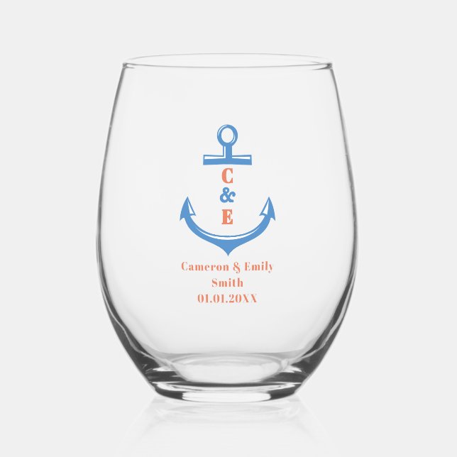 Nautical Anchor Monogrammed Paddle  Stemless Wine Glass (Front)