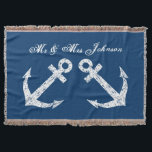 Nautical anchor mr and mrs throw blanket | Blue<br><div class="desc">Nautical anchor mr and mrs throw blanket | Blue. Cute wedding gift idea for newly weds / bride and groom / husband and wife couple. Personalised text and customisable navy blue background colour. Vintage weathered look boat anchors. Also cosy beach home decor for sailors and sailing enthousiasts.</div>