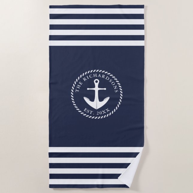 Nautical Anchor Name Modern Navy Blue White Beach Towel (Front)