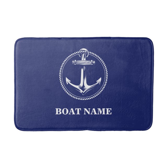 Nautical anchor Name of boat Marine Blue Bath Mat (Front)