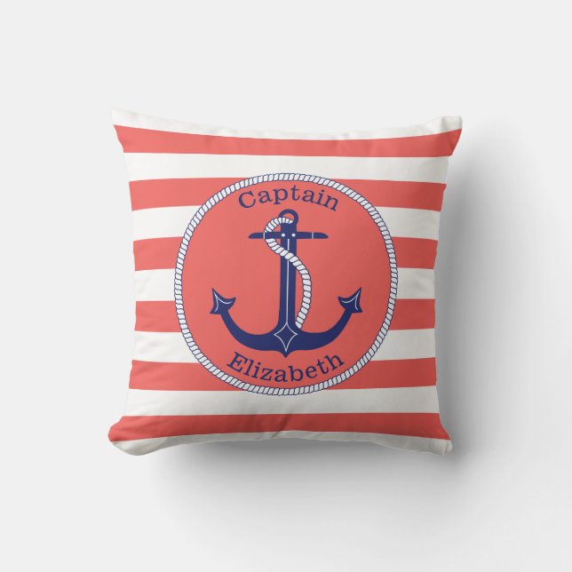 Nautical Anchor Navy and Coral Personalised Cushion (Front)