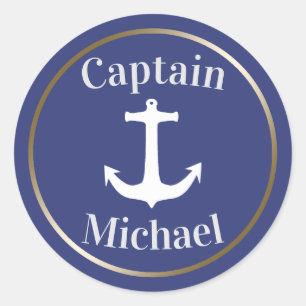 Nautical Anchor Navy Blue and Gold Captain Name Classic Round Sticker