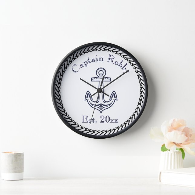 Nautical Anchor Navy Blue and White Clock (Home)