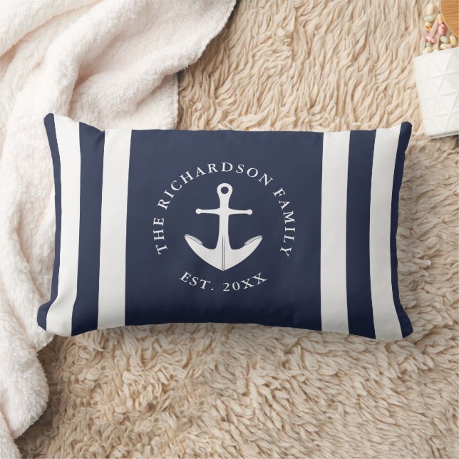 Nautical Anchor Navy Blue and White Family Lumbar Cushion (Blanket)