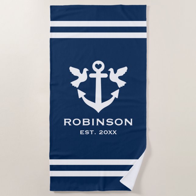 Nautical anchor navy blue and white newlyweds gift beach towel (Front)