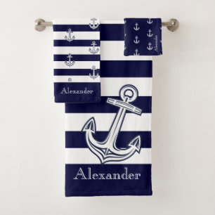 Nautical Anchor Navy Blue and White Stripes Bath Towel Set