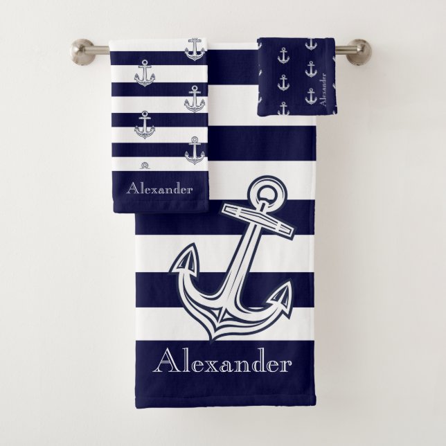 Nautical Anchor Navy Blue  and White Stripes Bath Towel Set (Insitu)
