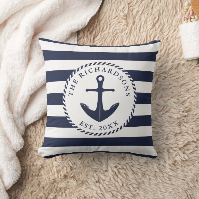 Nautical Anchor Navy Blue and White Stripes Cushion (Blanket)