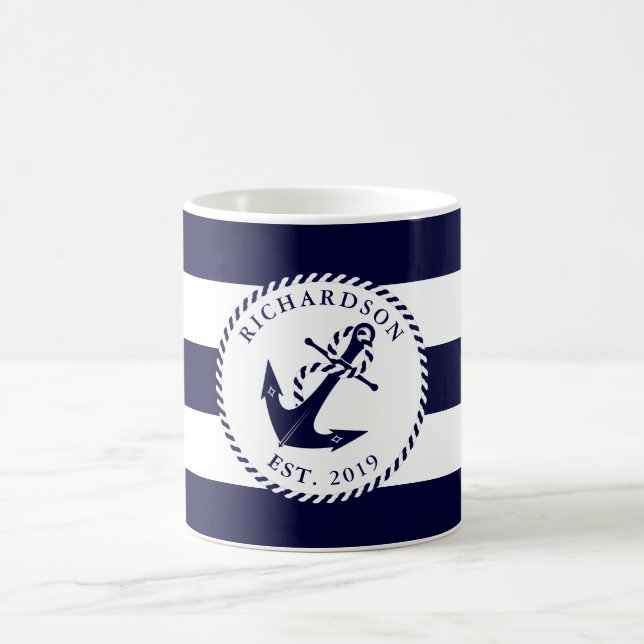 Nautical Anchor Navy Blue and White Stripes Family Coffee Mug (Center)