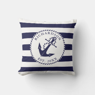 Nautical Anchor Navy Blue and White Stripes Family Cushion