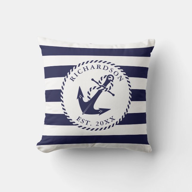 Nautical Anchor Navy Blue and White Stripes Family Cushion (Front)