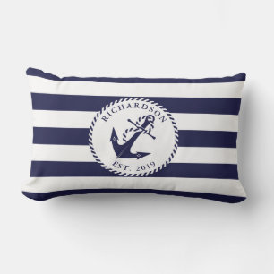 Nautical Anchor Navy Blue and White Stripes Family Lumbar Cushion