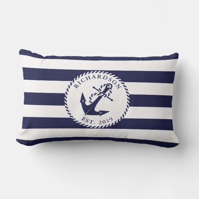 Nautical Anchor Navy Blue and White Stripes Family Lumbar Cushion (Front)