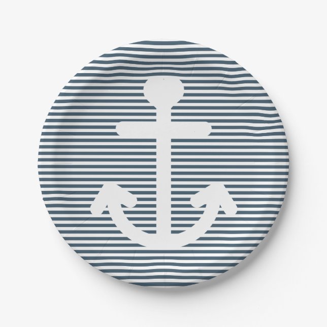 Nautical Anchor Navy Blue And White Stripes Paper Plate (Front)