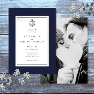 Nautical Anchor Navy Blue And White Wedding Photo  Invitation