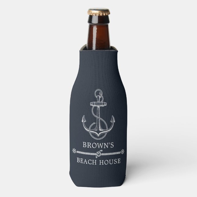 Nautical Anchor Navy Blue Beach or Lake House Bottle Cooler (Bottle Front)