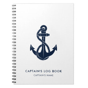 Nautical Anchor Navy Blue Boat Name Captain Log Notebook