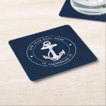 Nautical Anchor Navy Blue Boat Name Square Paper Coaster<br><div class="desc">Add your boat name and dock by clicking the "Personalise" button above. Set sail in style with our custom nautical-themed boating swag coaster. The coaster boasts a cute design inspired by the ocean's wonders, featuring classic maritime motifs such as an anchor and rope. Whether you're cruising along the coast or...</div>