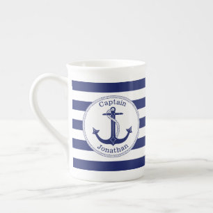 Nautical Anchor Navy Blue Captain Personalised Bone China Mug