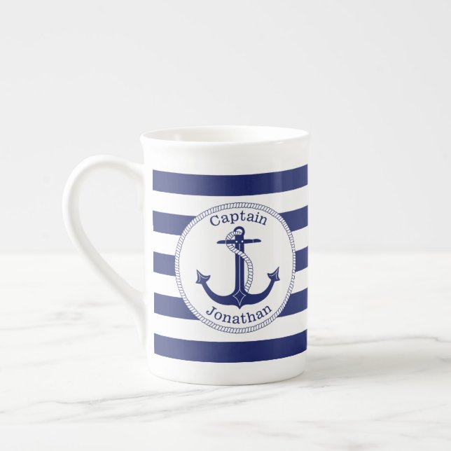 Nautical Anchor Navy Blue Captain Personalised Bone China Mug (Left)